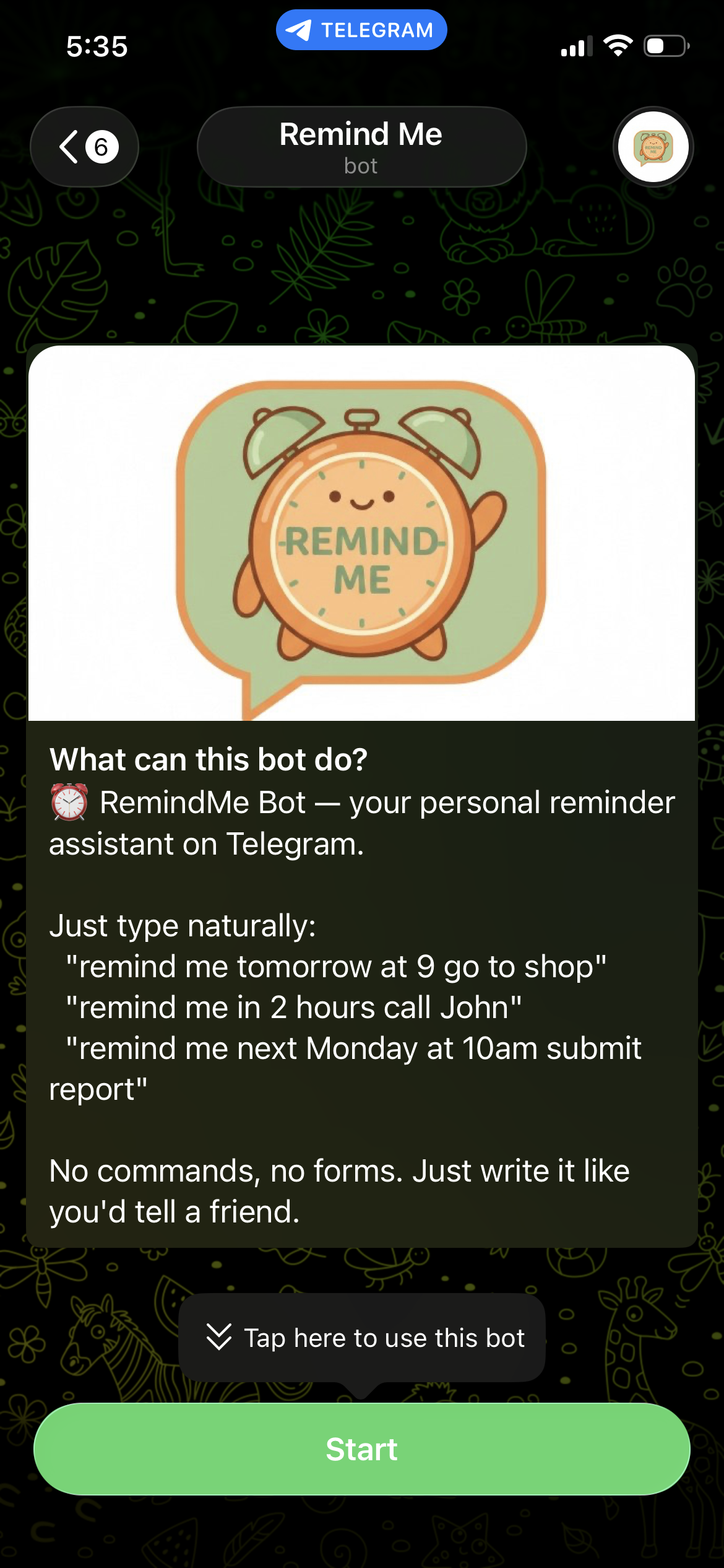 Remind Me Bot onboarding screen on Telegram