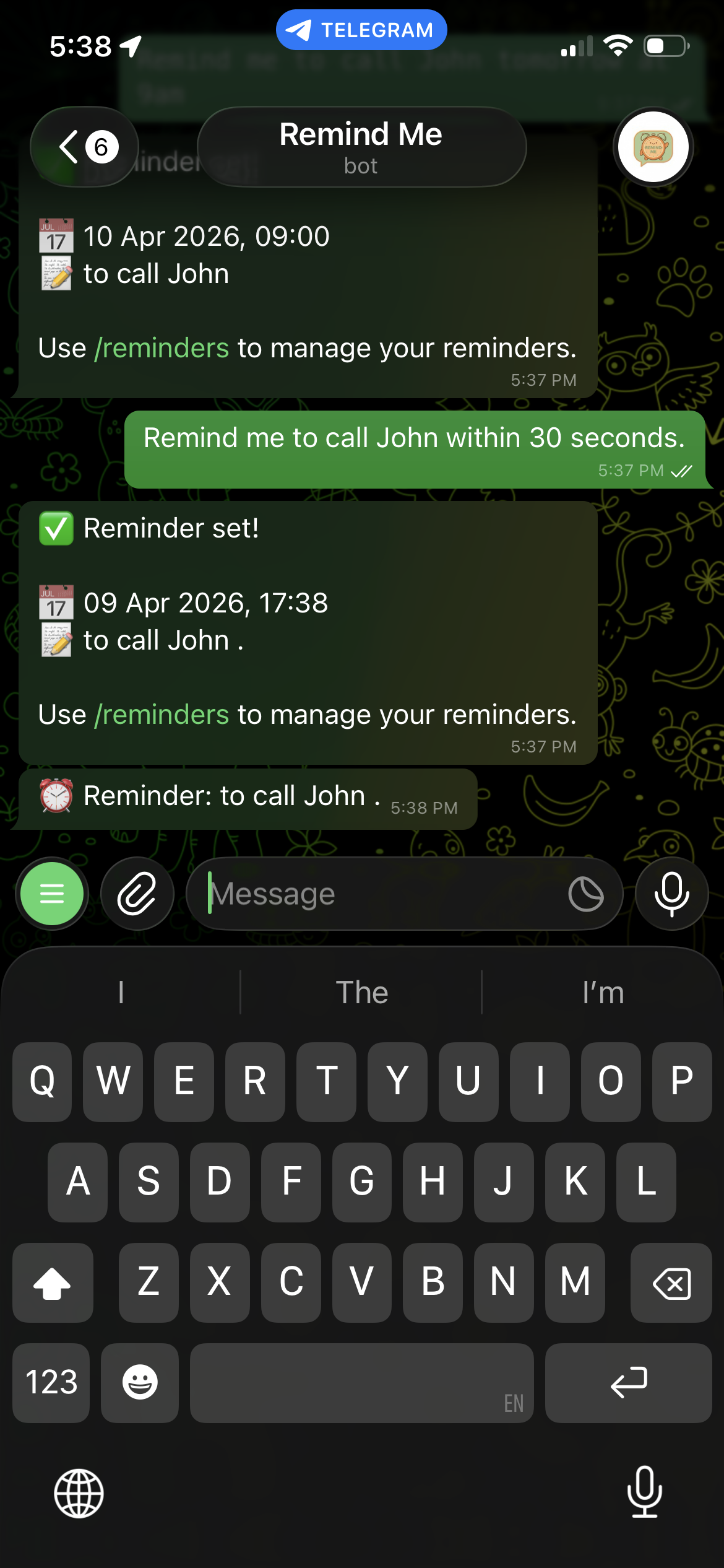 Remind Me Bot natural language reminder example on Telegram